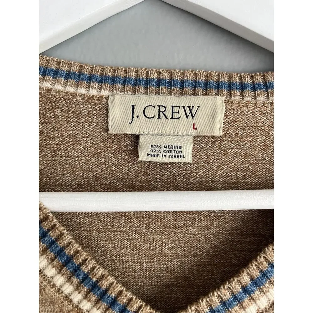J.Crew Men's L Camel Merino Wool V-Neck Sweater Striped Trim Preppy Classic